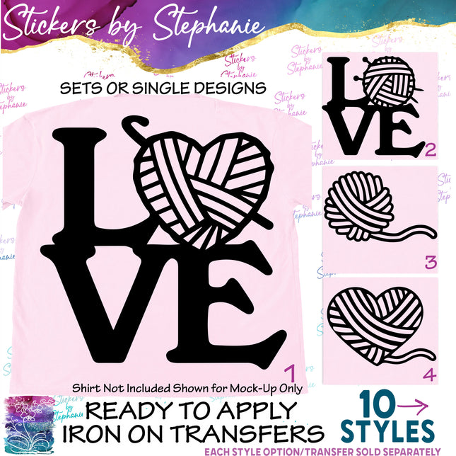 (s7-01-199) Knitting, Crochet, Love Yarn Heart Iron-On Transfer