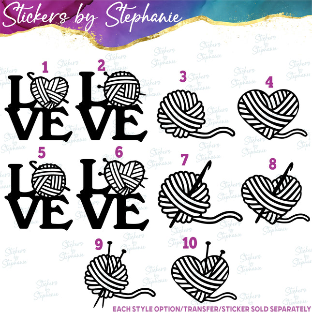 (s7-01-199) Knitting, Crochet, Love Yarn Heart Iron-On Transfer