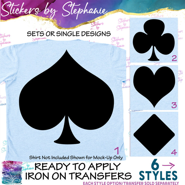 (s7-01-023) Card Icons Spade, Club, Diamond, Heart Iron-On Transfer