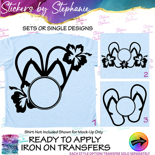 (s7-01-058) Flip Flop Hibiscus Flower Monogram Frame Iron-On Transfer