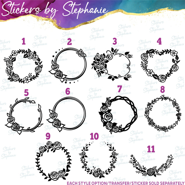 (s7-01-060) Rose Flower Wreath Monogram Frame Iron-On Transfer