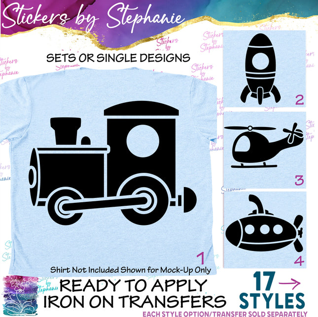 (s7-01-065) Vehicles, Train, Submarine, Helicopter Iron-On Transfer