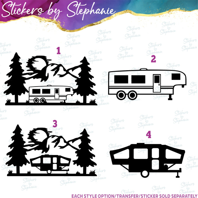 (s7-01-071) Tent Trailer, Mountains Iron-On Transfer