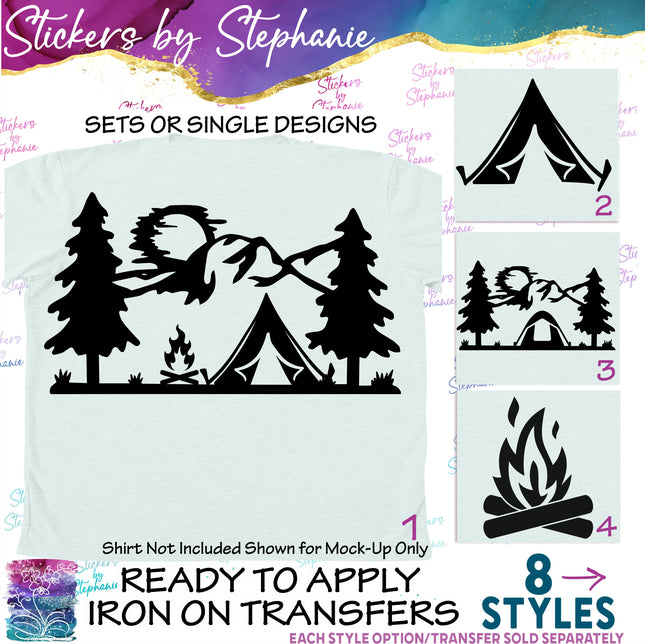 (s7-01-073) Tent, Campfire, Mountains Iron-On Transfer
