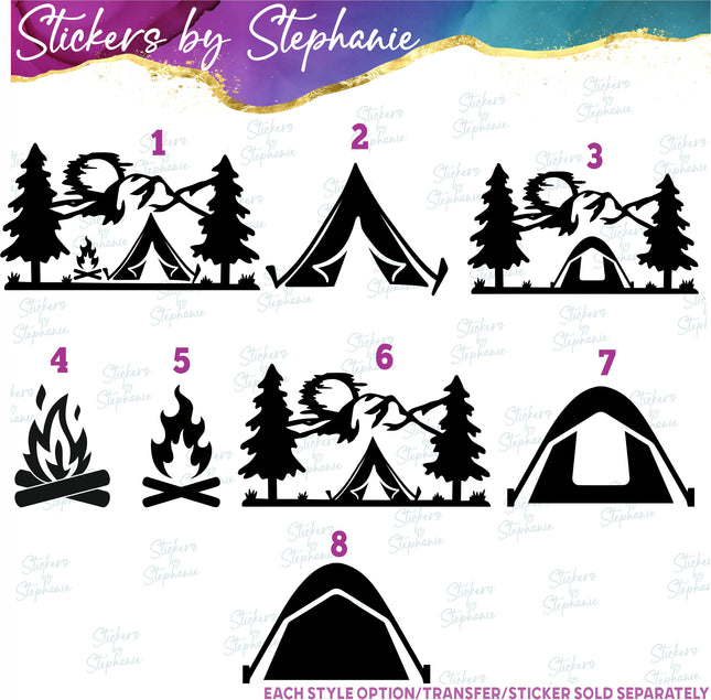 (s7-01-073) Tent, Campfire, Mountains Iron-On Transfer