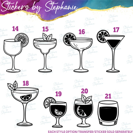 (s7-01-078) Cocktail Glass, Margarita, Martini Iron-On Transfer