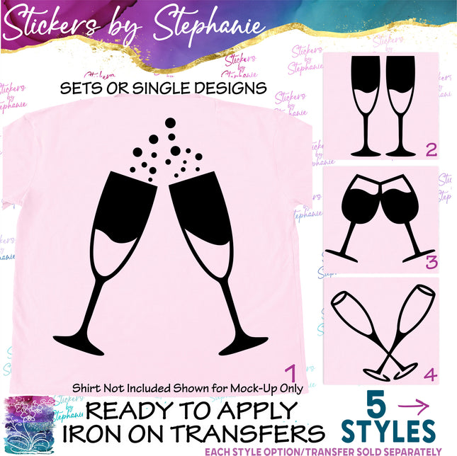 (s7-01-079) Champagne, Wine Glasses Iron-On Transfer