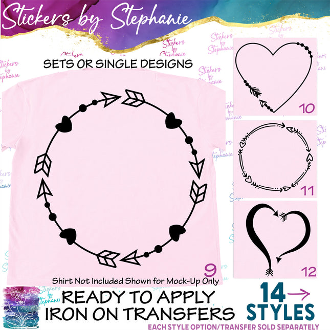 (s7-01-082) Heart Arrow Monogram Frame Iron-On Transfer