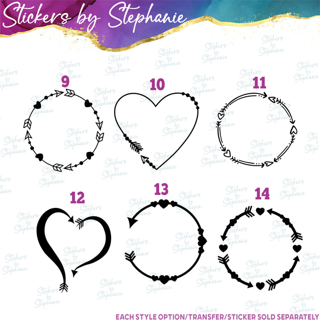 (s7-01-082) Heart Arrow Monogram Frame Iron-On Transfer