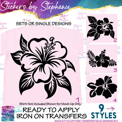 (s7-01-086) Hibiscus Flowers Leaves Iron-On Transfer