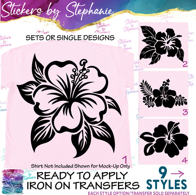 (s7-01-086) Hibiscus Flowers Leaves Iron-On Transfer