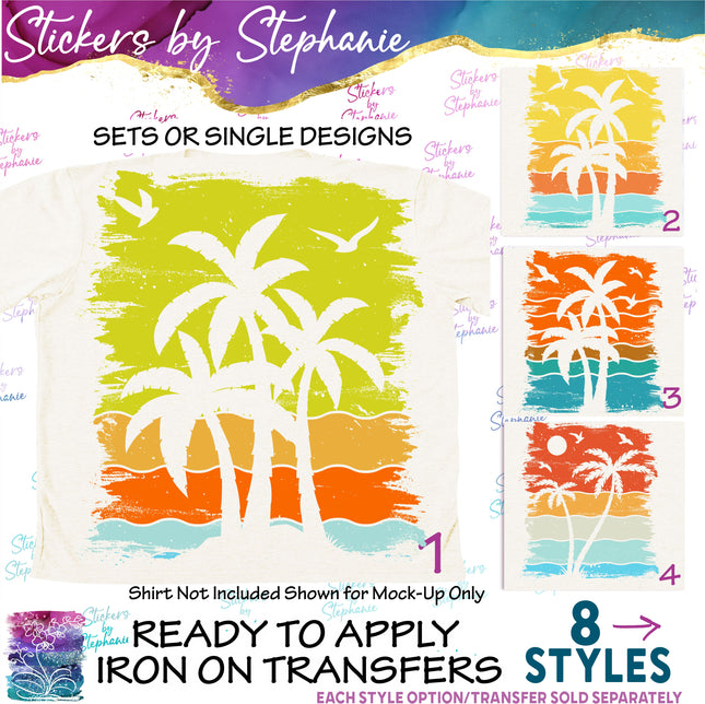 (s02-134) Retro Sunset Palm Trees Graphic Iron-On Transfer