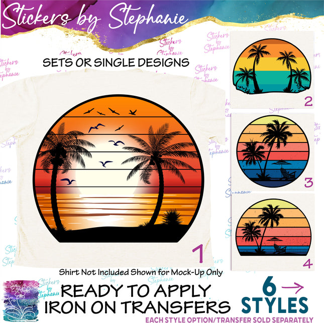 (s02-135) Retro Sunset Palm Trees Graphic Iron-On Transfer