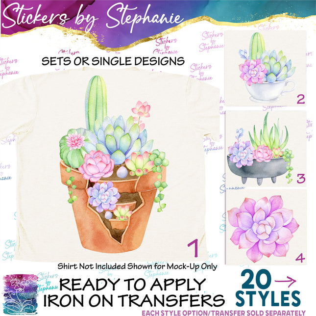 (s02-139) Succulents Cactus Flowers Watercolor Graphic Iron-On Transfer