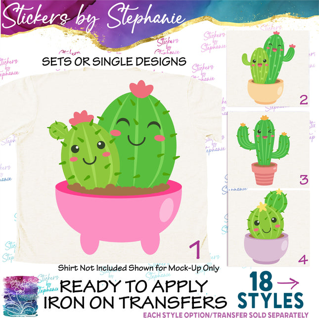 (s02-147) Kawaii Cactus Succulents Illustrated Graphic Iron-On Transfer