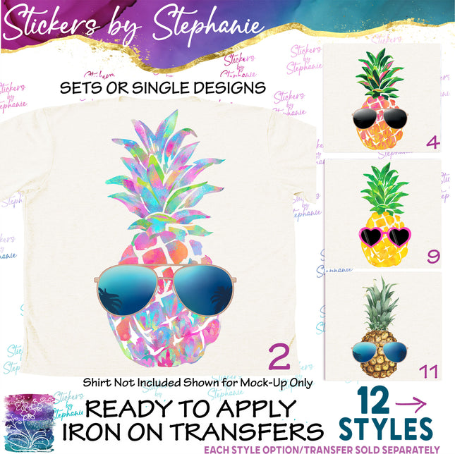 (s02-209) Tropical Watercolor Pineapple Sunglasses Graphic Iron-On Transfer