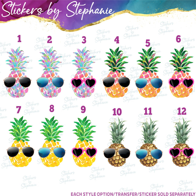 (s02-209) Tropical Watercolor Pineapple Sunglasses Graphic Iron-On Transfer