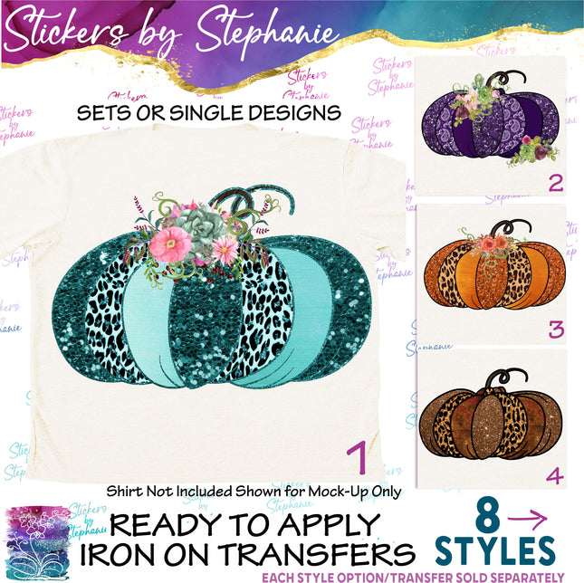 (s02-250) Teal Purple Orange Leopard Pumpkin Flowers Graphic Iron-On Transfer