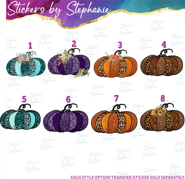 (s02-250) Teal Purple Orange Leopard Pumpkin Flowers Graphic Iron-On Transfer