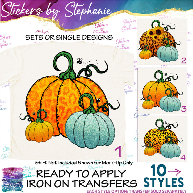 (s02-251) Leopard Teal Orange Pumpkins Graphic Iron-On Transfer