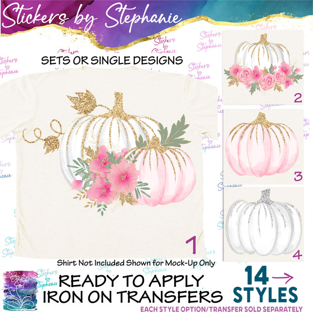 (s02-252) White Pink Pumpkins Flowers Graphic Iron-On Transfer