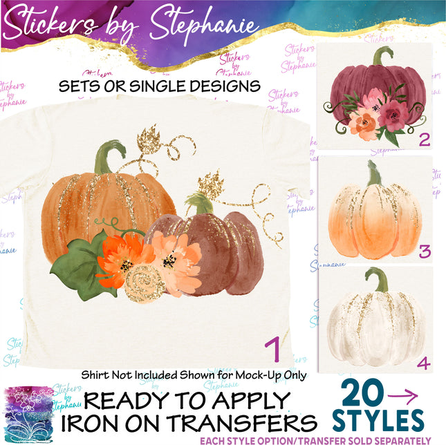 (s02-253) Brown Orange White Pumpkins Flowers Graphic Iron-On Transfer