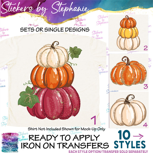 (s02-255) Stacked Pumpkins White Orange Burgundy Graphic Iron-On Transfer