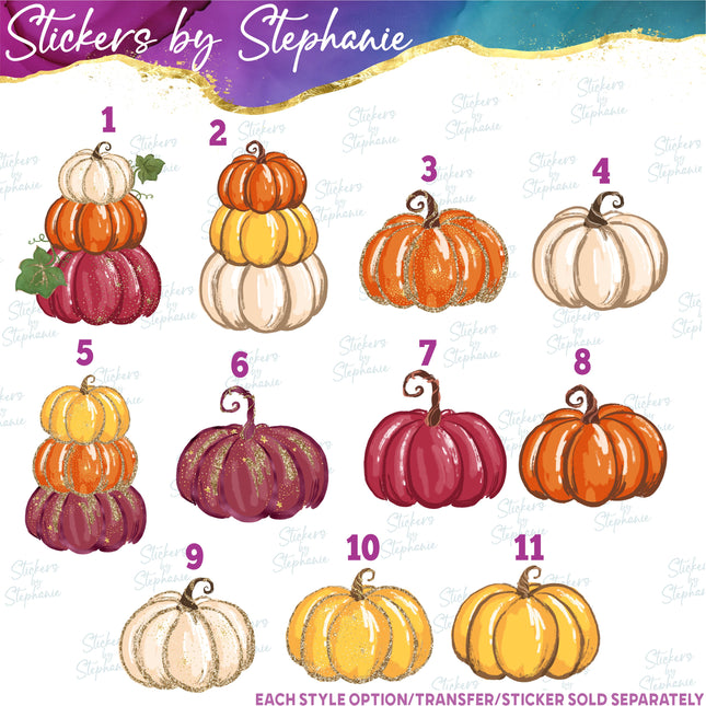 (s02-255) Stacked Pumpkins White Orange Burgundy Graphic Iron-On Transfer
