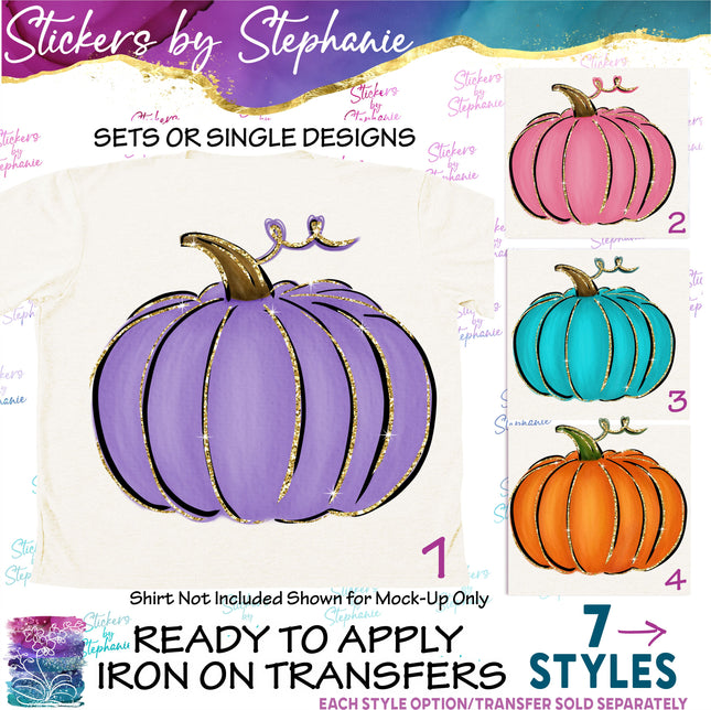 (s02-256) Colorful Pumpkins Purple Teal Pink Orange Graphic Iron-On Transfer