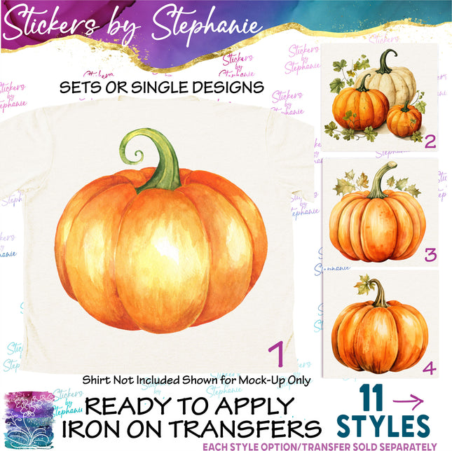 (s02-257) Pumpkins Watercolor Illustrated Graphic Iron-On Transfer