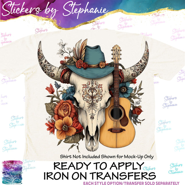(s02-036) Boho Western Cow Skull Guitar Graphic Iron-On Transfer