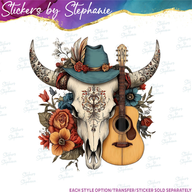 (s02-036) Boho Western Cow Skull Guitar Graphic Iron-On Transfer