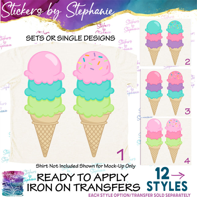 (s02-042) Colorful Triple Scoop Ice Cream Cone Sprinkles Graphic Iron-On Transfer