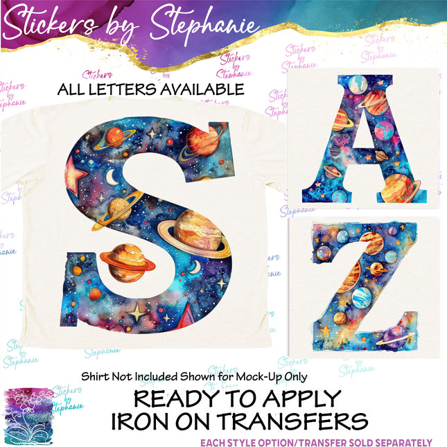 (s02-057) Planets Space Galaxy Letters  Graphic Iron-On Transfer