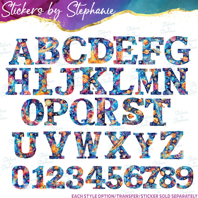 (s02-057) Planets Space Galaxy Letters  Graphic Iron-On Transfer