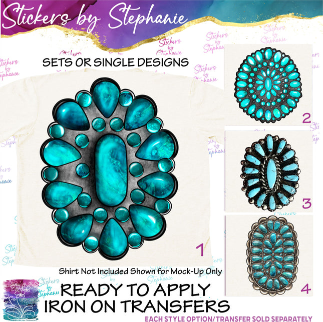 (s02-091) Turquoise Gemstone Cobochon Graphic Iron-On Transfer