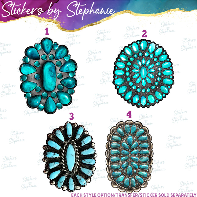 (s02-091) Turquoise Gemstone Cobochon Graphic Iron-On Transfer