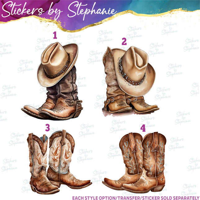 (s02-099) Cowboy Boots Hat Watercolor Graphic Iron-On Transfer