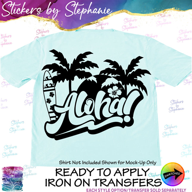 (s7-03-006) Aloha Palm Trees Surfboard Iron-On Transfer