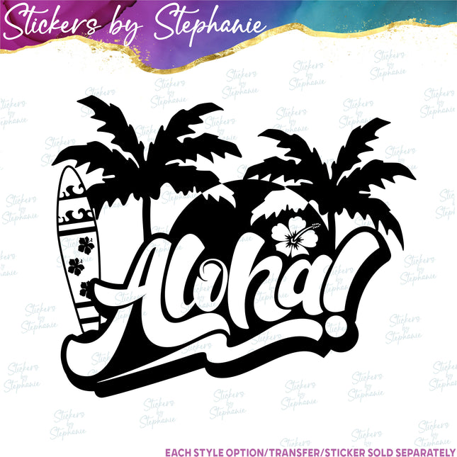 (s7-03-006) Aloha Palm Trees Surfboard Iron-On Transfer