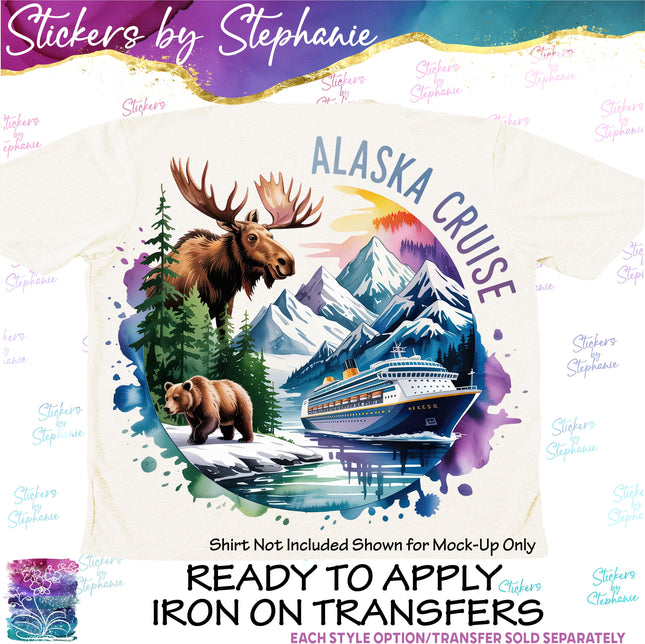 (s04-142) Alaksa Cruise Moose Bear Ship Watercolor Iron-On Transfer