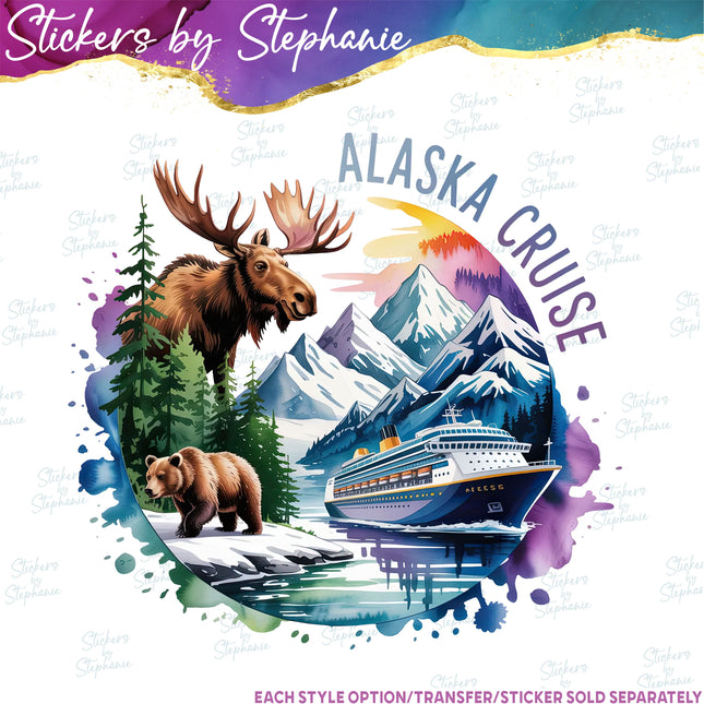 (s04-142) Alaksa Cruise Moose Bear Ship Watercolor Iron-On Transfer