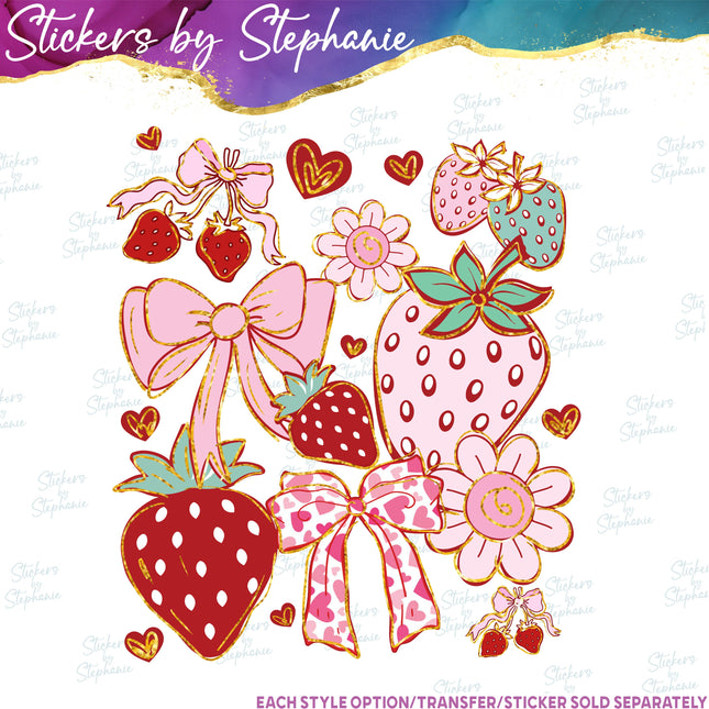 (s04-154) Strawberry Coquette Illustrated Graphic Iron-On Transfer