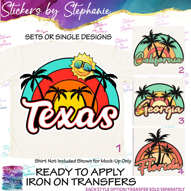 (s7-05-139) Texas, California, Georgia, Florida, Retro Sunset Iron-On Transfer