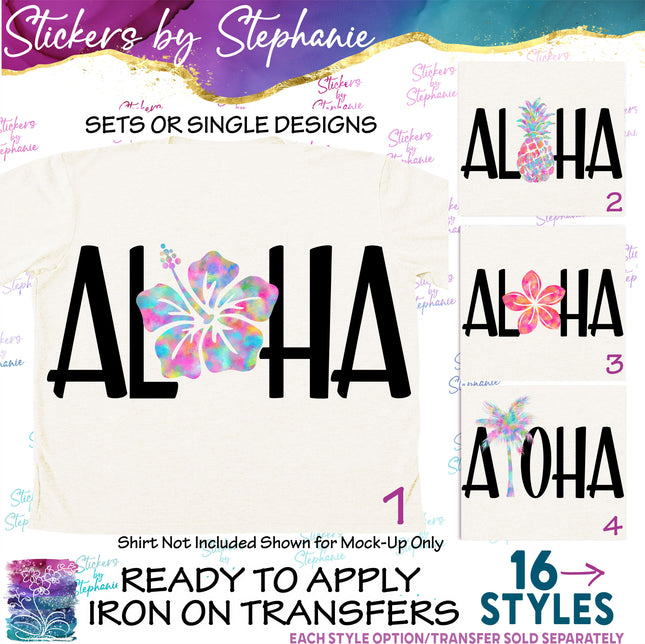 (s7-04-150) Aloha Pineapple, Hibiscus, Palm Tree Iron-On Transfer