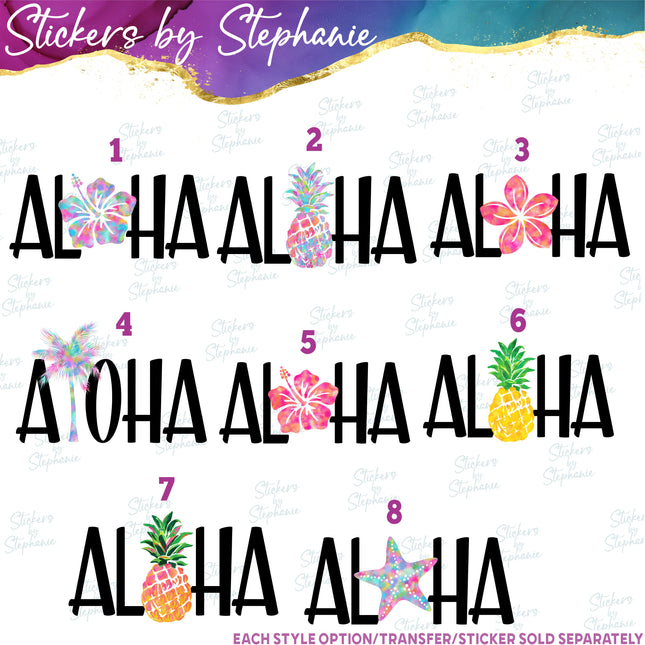 (s7-04-150) Aloha Pineapple, Hibiscus, Palm Tree Iron-On Transfer