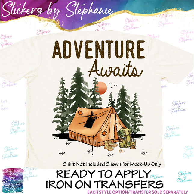 (s7-04-025) Adventure Awaits Camping Iron-On Transfer