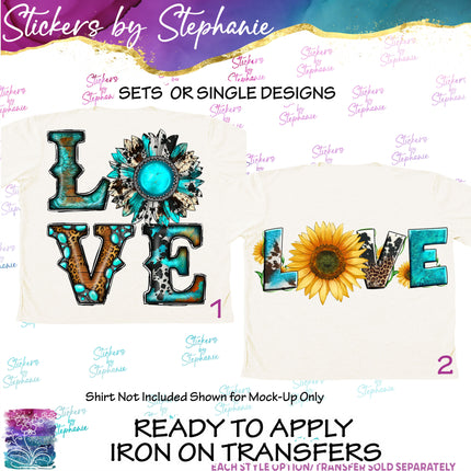 (s7-05-007) Love, Turquoise, Sunflower Western Boho Iron-On Transfer
