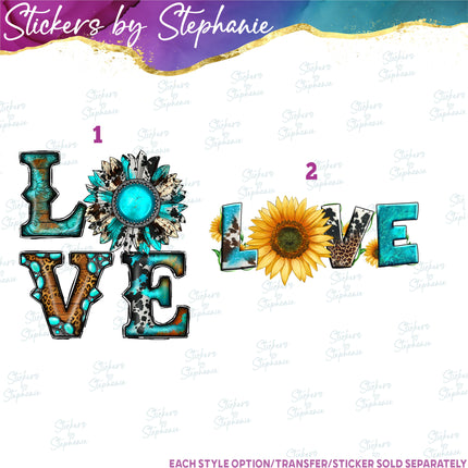 (s7-05-007) Love, Turquoise, Sunflower Western Boho Iron-On Transfer