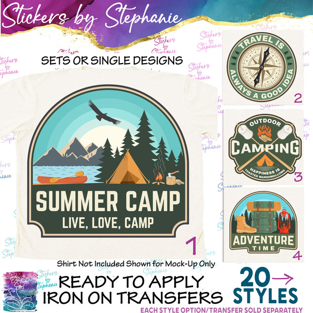 (s7-04-096) Camping, Summer Camp Adventure Badges Iron-On Transfer